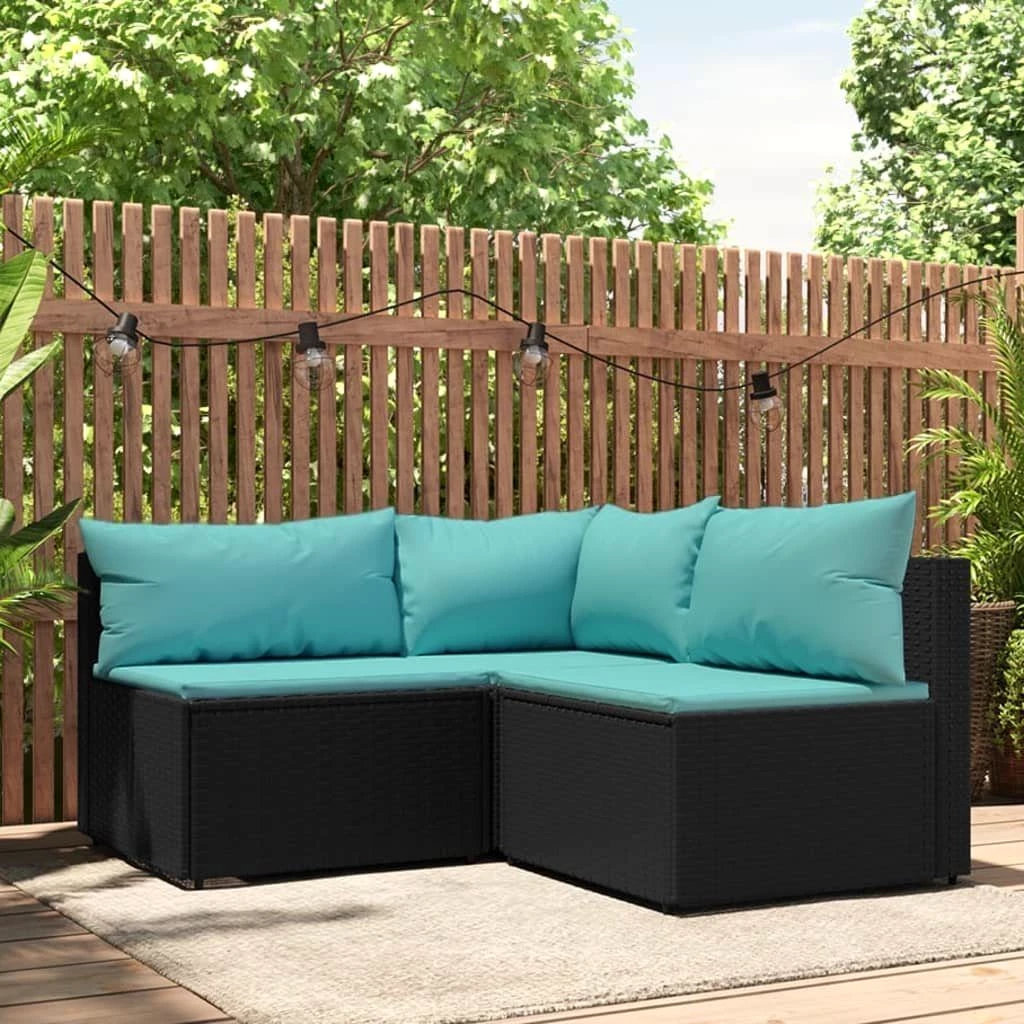 vidaXL Loungesofa 3-tlg. Garten-Lounge-Set mit Kissen Schwarz Poly Rattan, 1 Teile