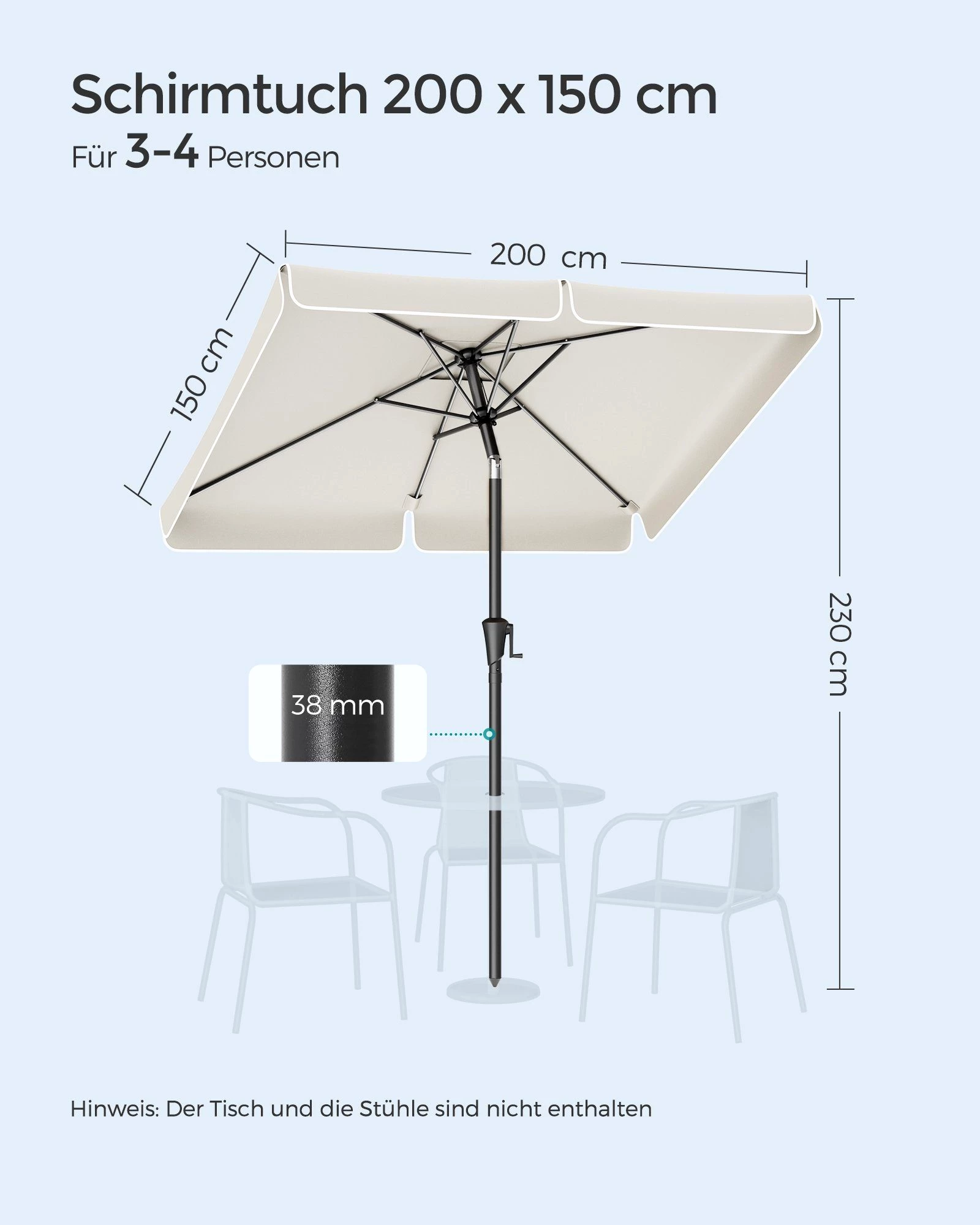 SONGMICS Sonnenschirm, LxB: 200,00x150,00 cm, Balkonschirm, UPF 50+, beidseitig um 30° knickbar