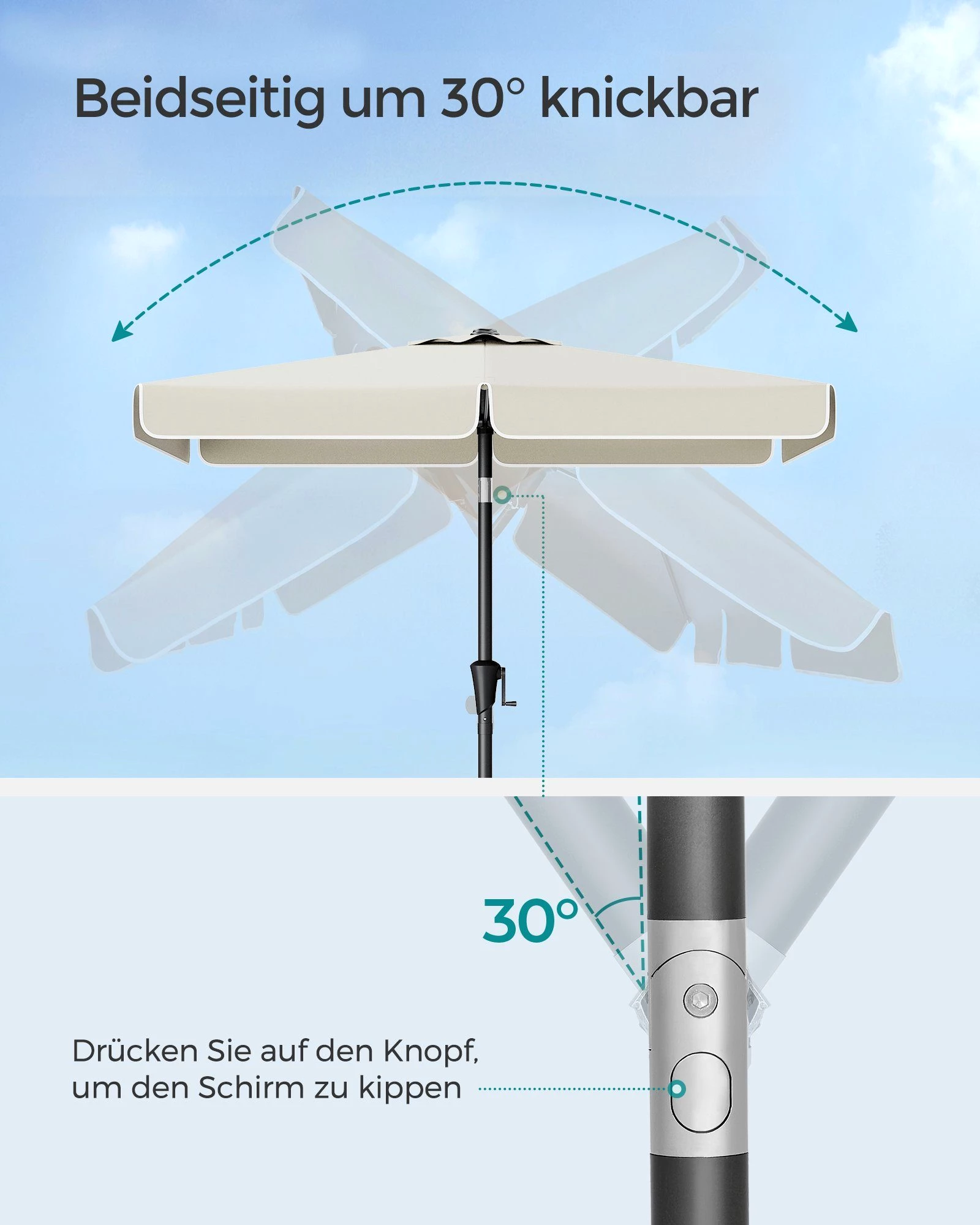 SONGMICS Sonnenschirm, LxB: 200,00x150,00 cm, Balkonschirm, UPF 50+, beidseitig um 30° knickbar