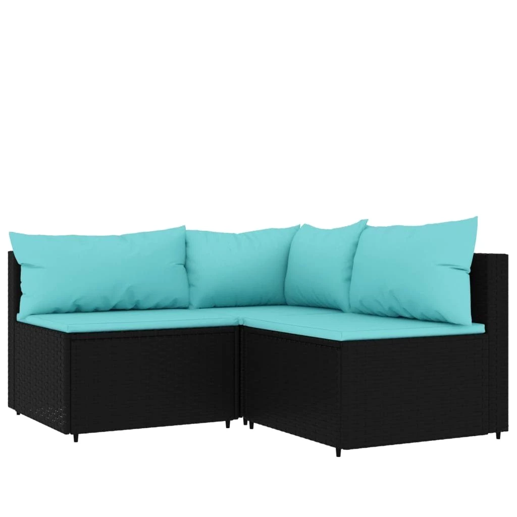 vidaXL Loungesofa 3-tlg. Garten-Lounge-Set mit Kissen Schwarz Poly Rattan, 1 Teile